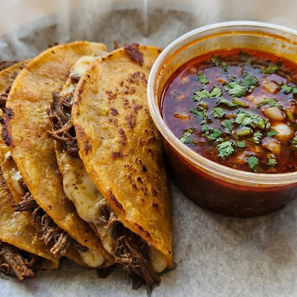 Three birria tacos with melted cheese and a side of consommé garnished with cilantro and onions.
