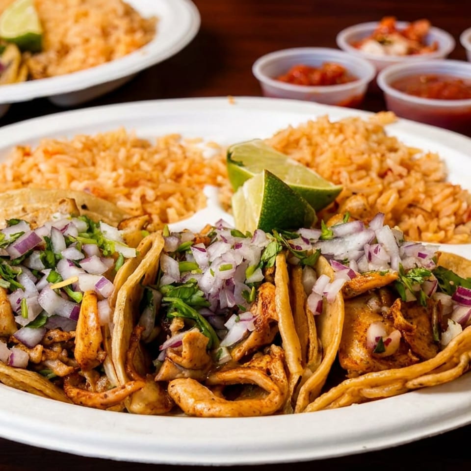 Three chicken tacos with onion, cilantro, rice, and lime wedges on a white plate, with salsa cups.