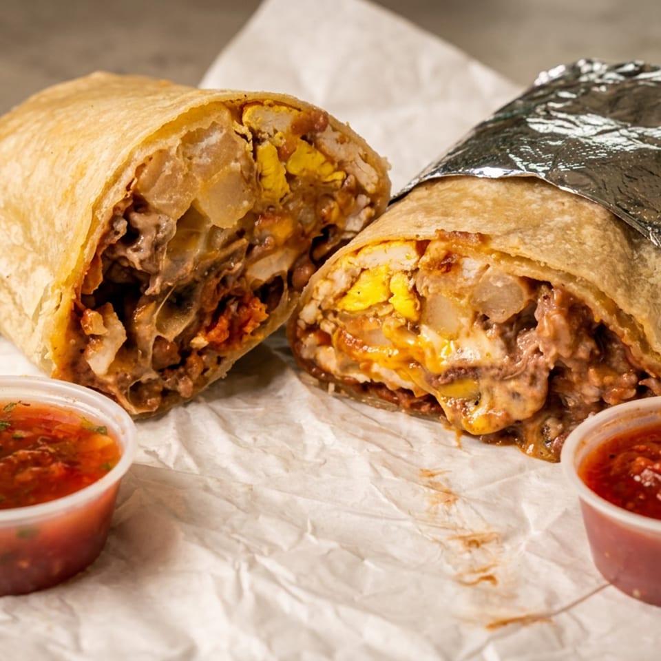 Burrito cut in half, revealing meat, potatoes, and cheese, served with two salsa cups.
