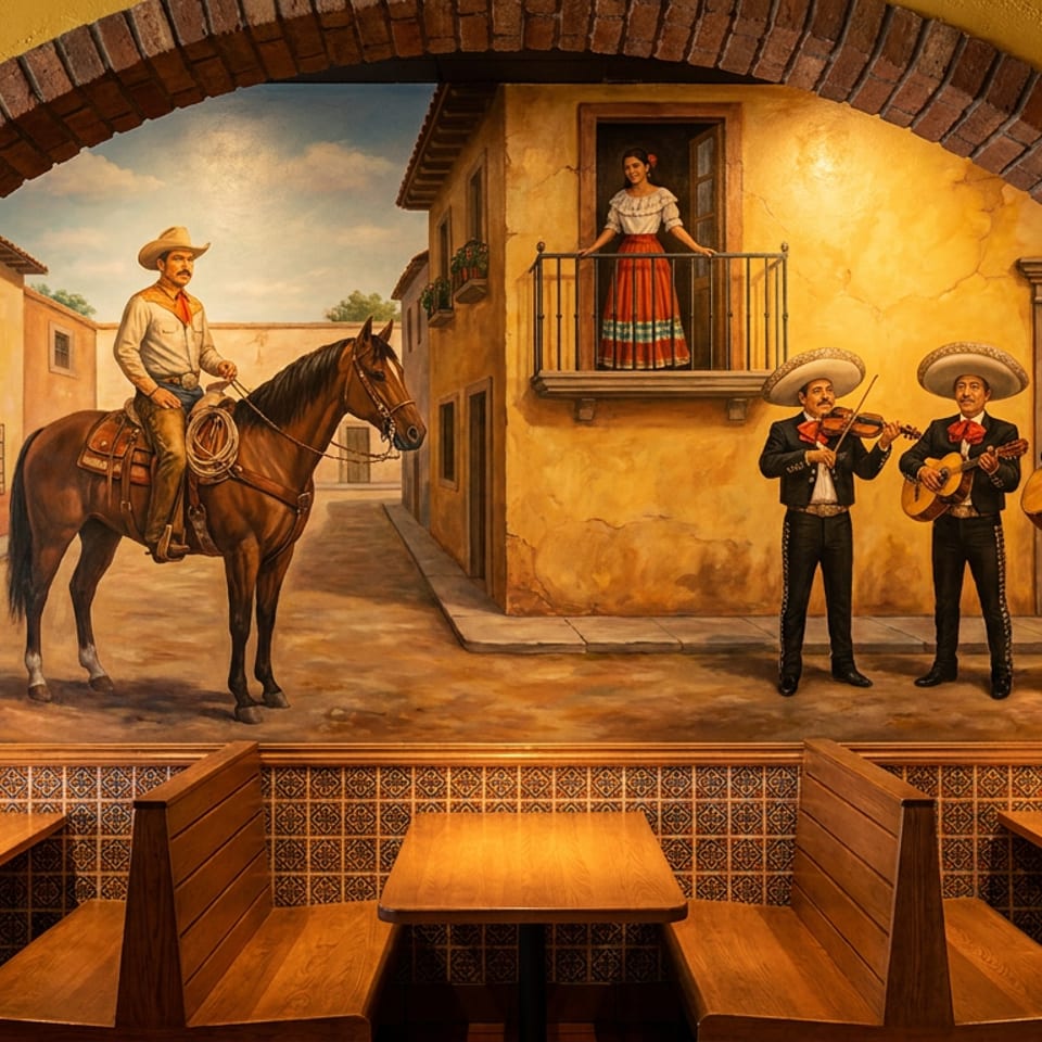 Vibrant mural of a Mexican street scene with mariachis and a horseman, above restaurant booths.